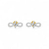 Pair of gold and silver infinity symbol earrings on a white background
