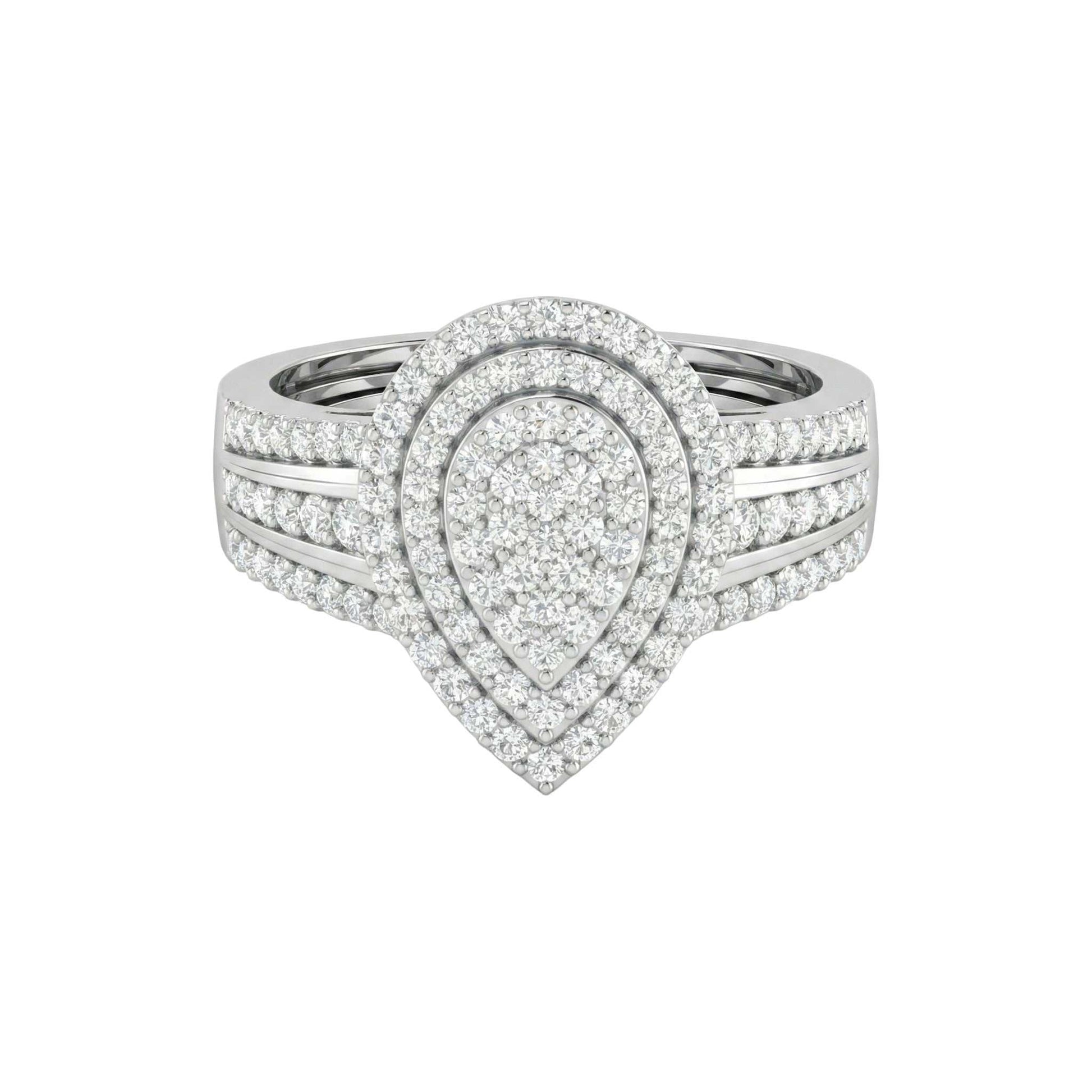 Silver ring with diamond accents on a white background
