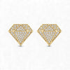 Gold geometric earrings with diamond-like stones on a white background
