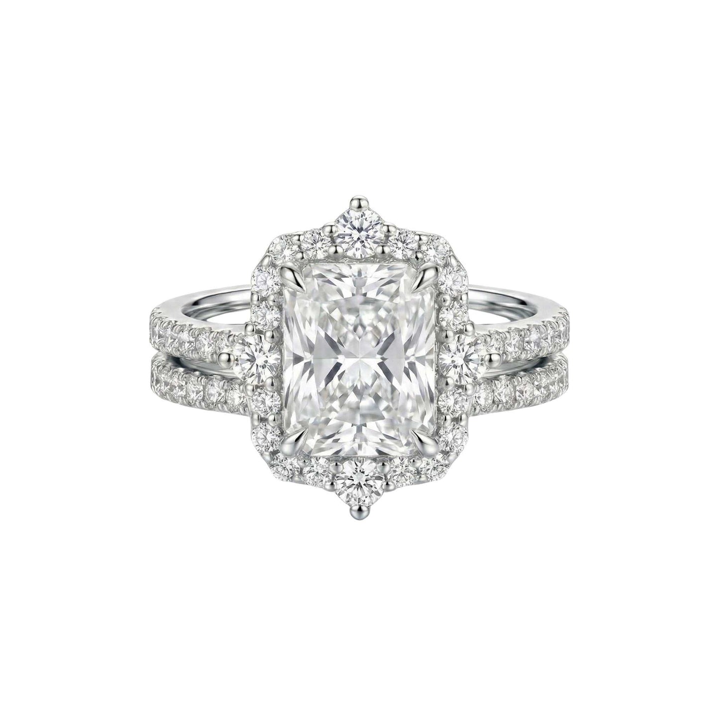 Diamond ring with a central gemstone and smaller stones on a white background