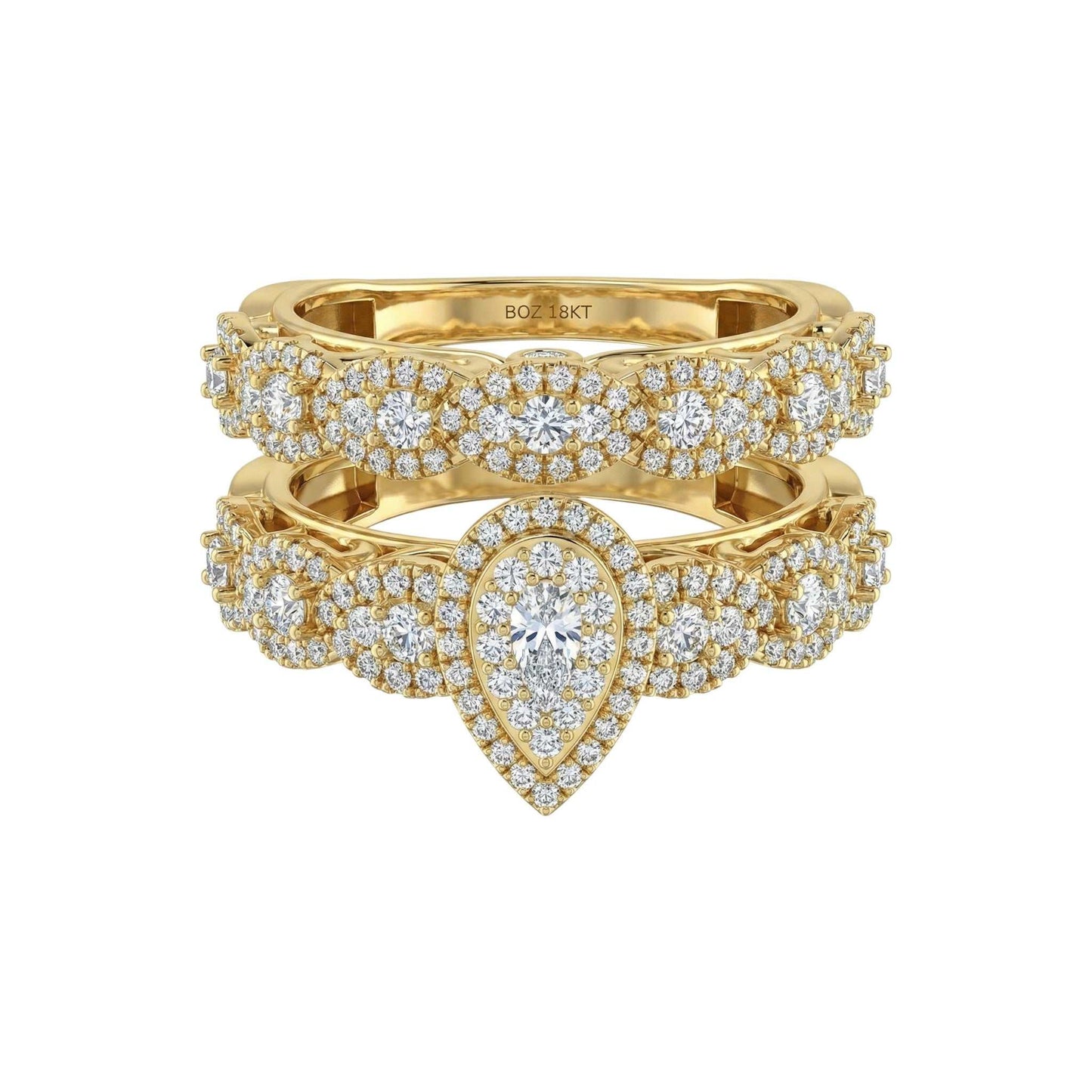18KT gold bridal set with pear cut diamond cluster and matching diamond-studded band ring