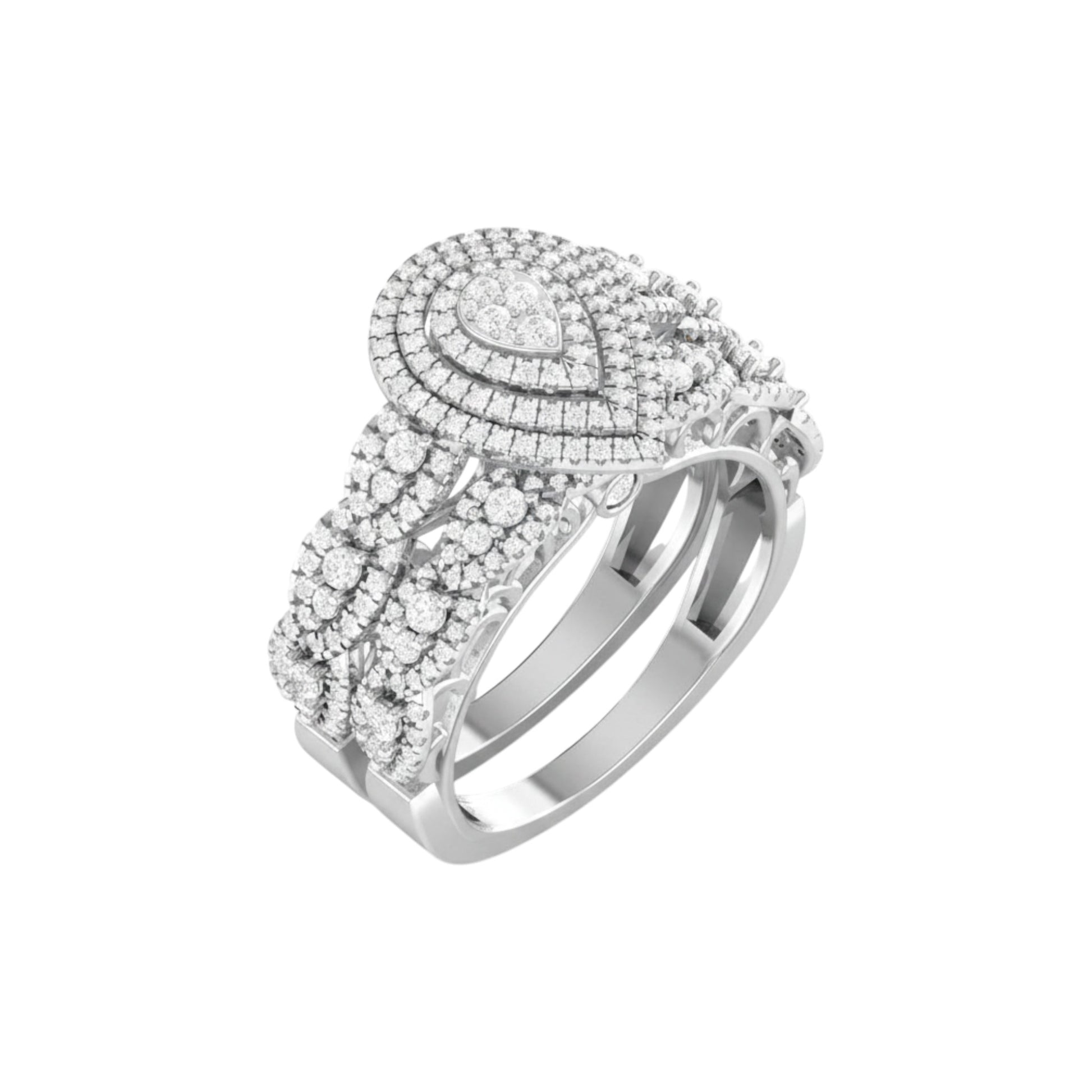 Silver ring with diamond accents on a white background