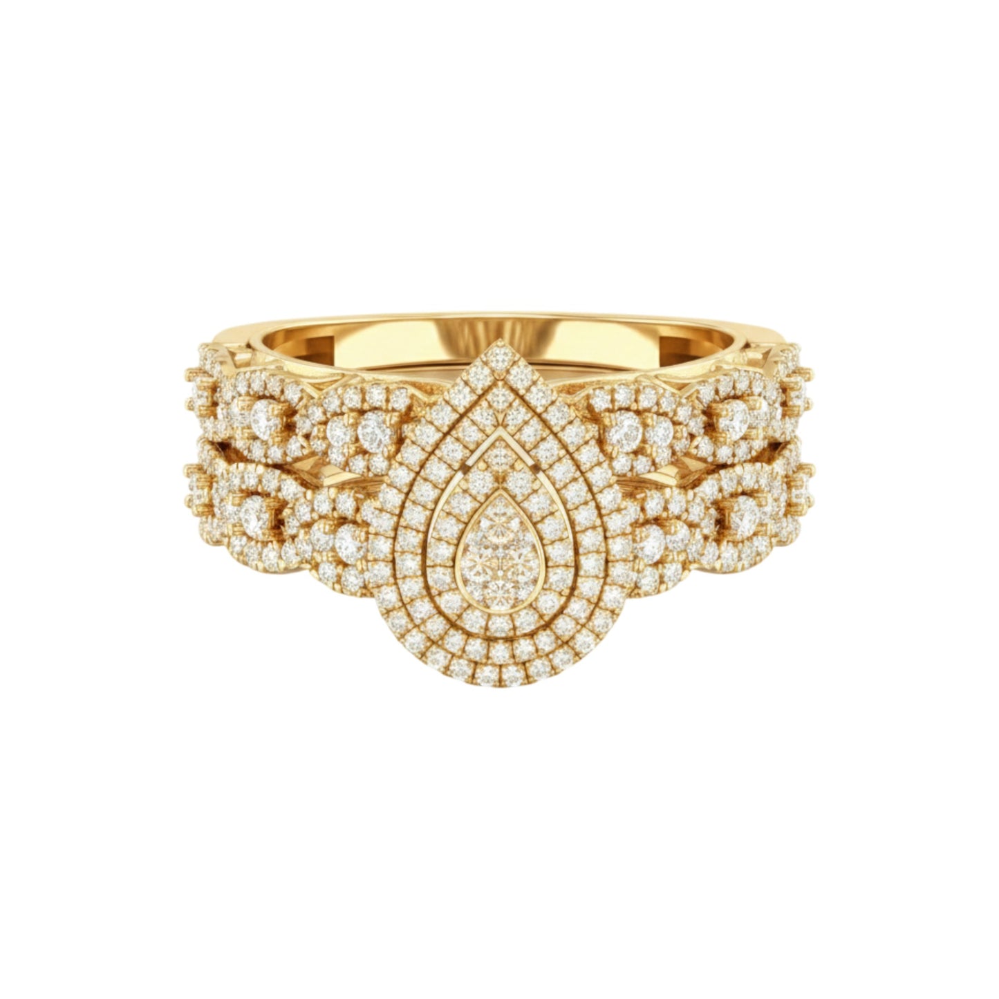 Gold ring with diamond accents on a white background