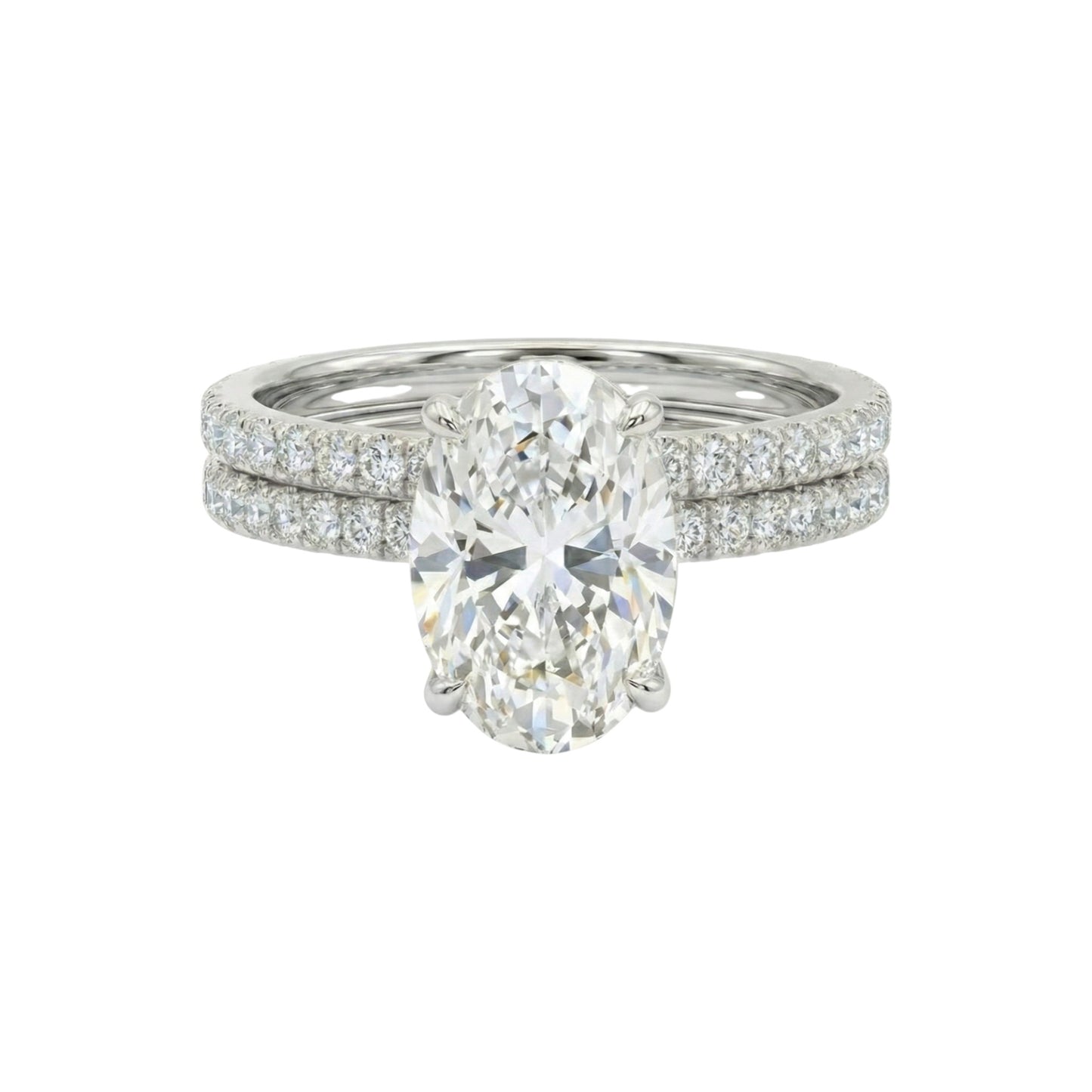 Diamond ring with a large central gemstone and smaller stones on a white background