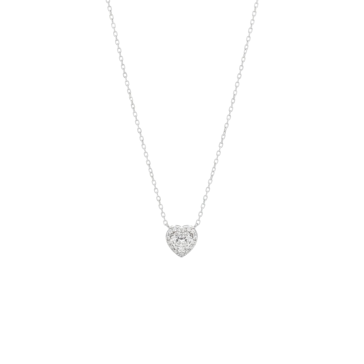 Heart-shaped diamond necklace on a white background