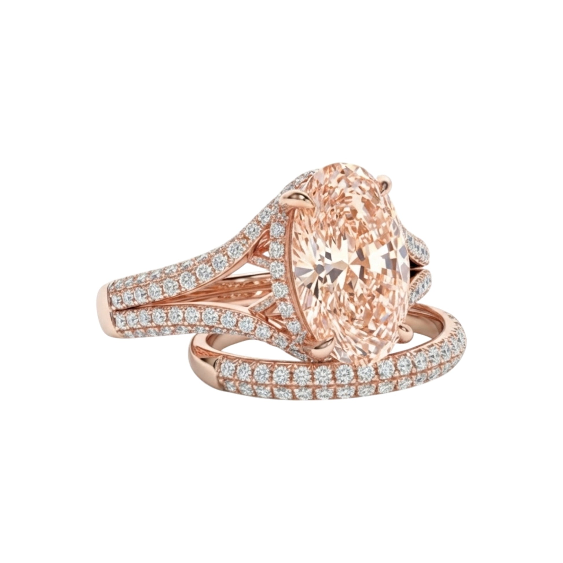 Rose gold ring with a large diamond and smaller diamonds on the band against a white background