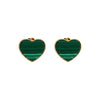 Heart-shaped green earrings with gold accents on a white background