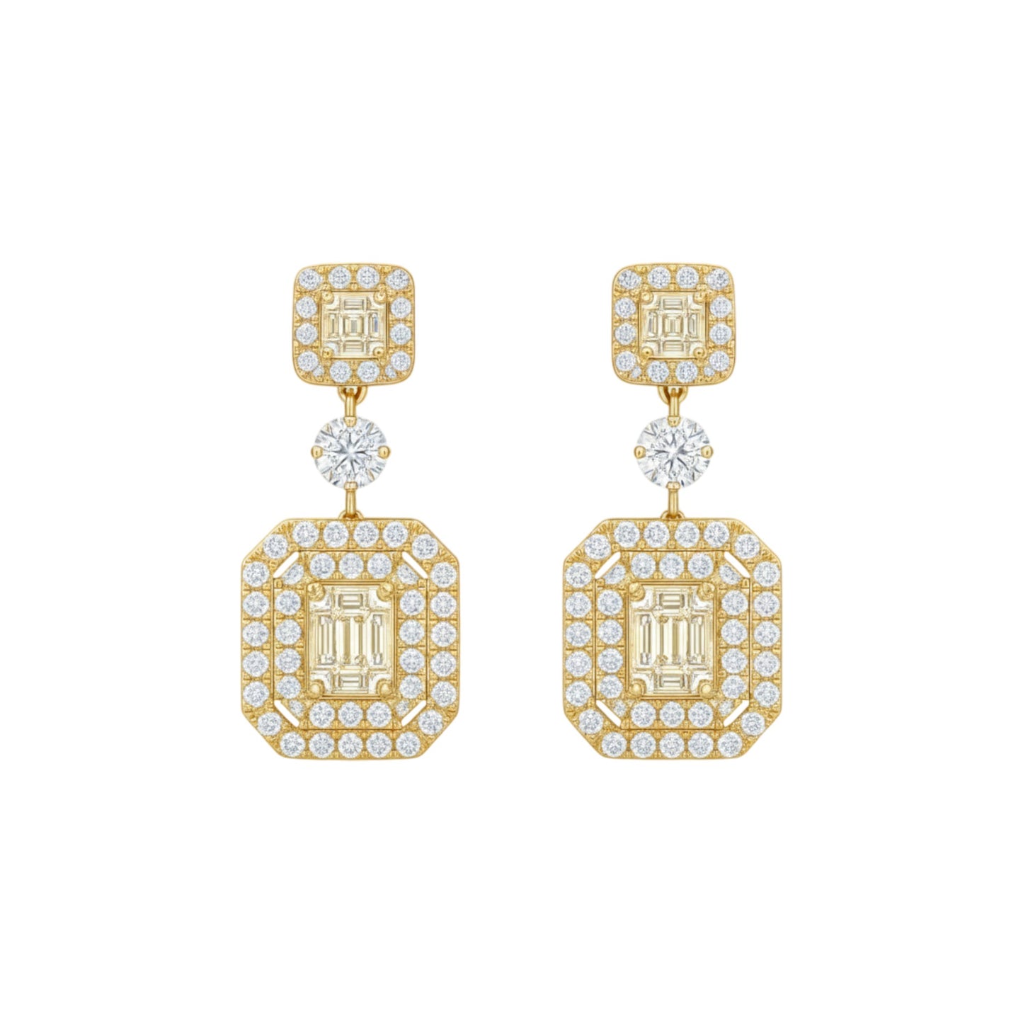 Gold and diamond earrings on a white background