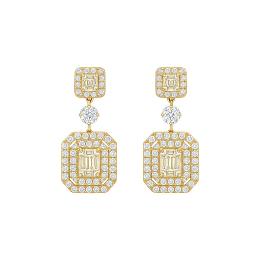 Gold and diamond earrings on a white background