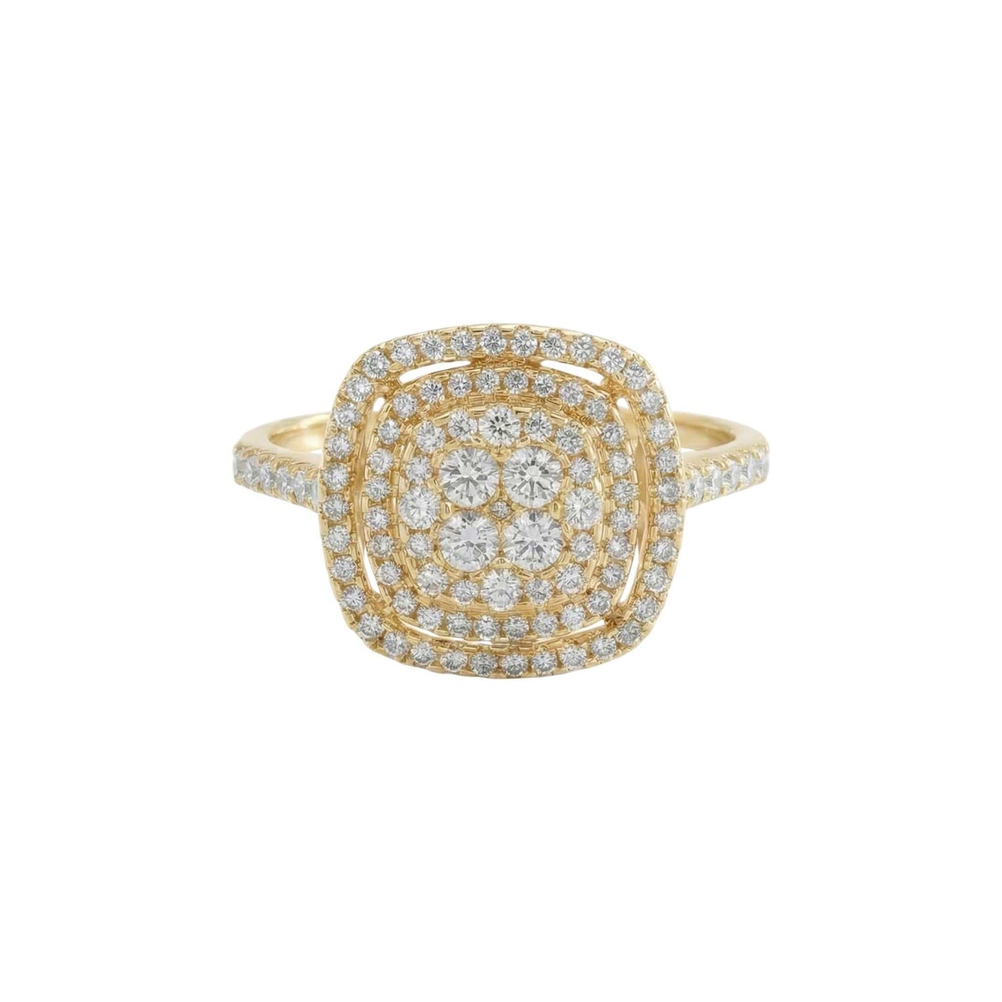 Gold ring with diamond accents on a white background
