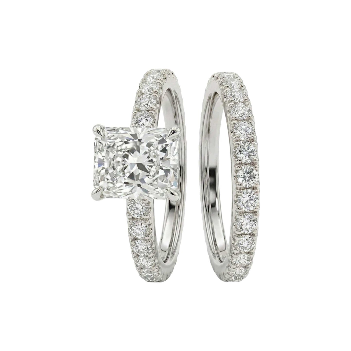 Diamond ring with a square-cut center stone on a white background
