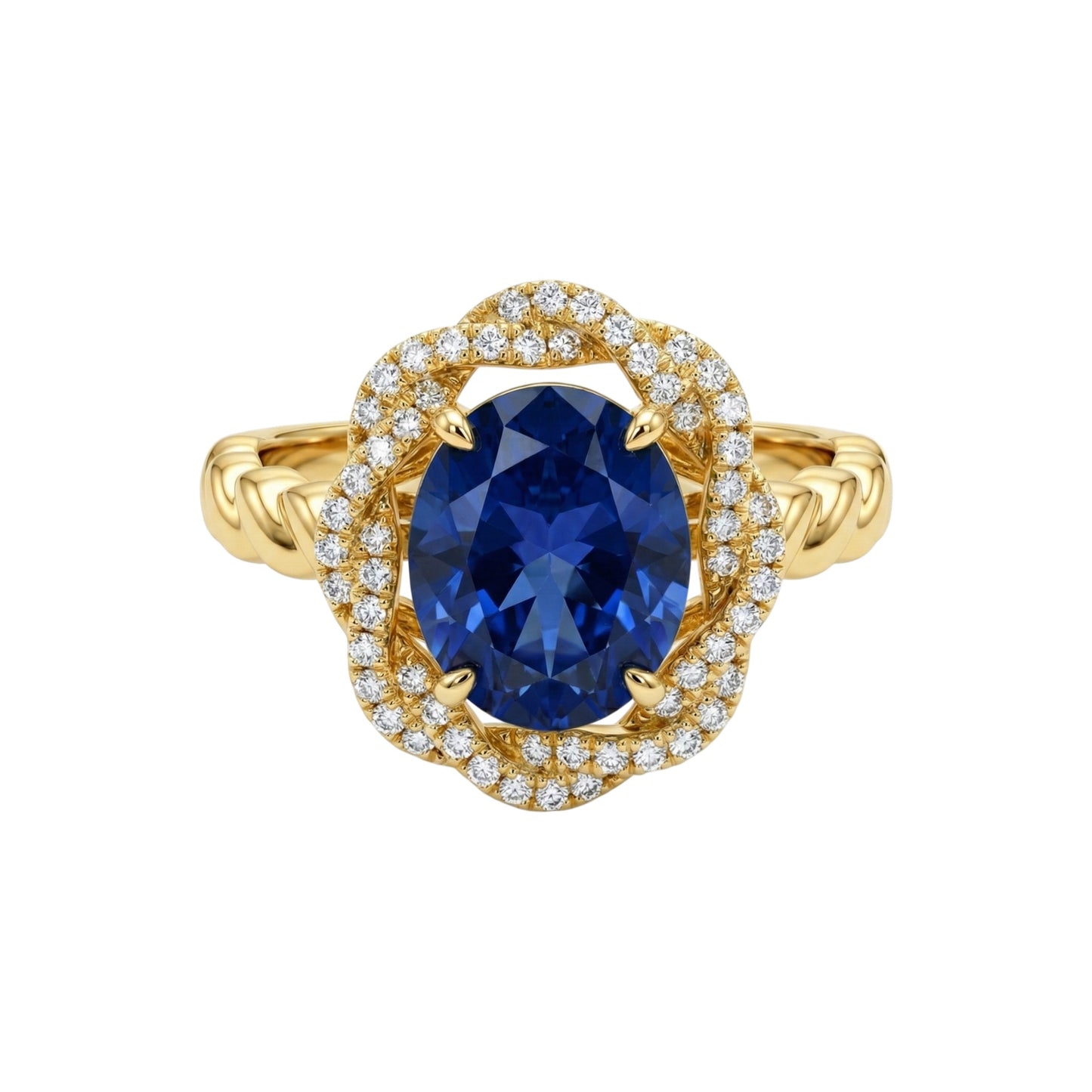 Gold ring with a blue gemstone and diamond accents on a white background