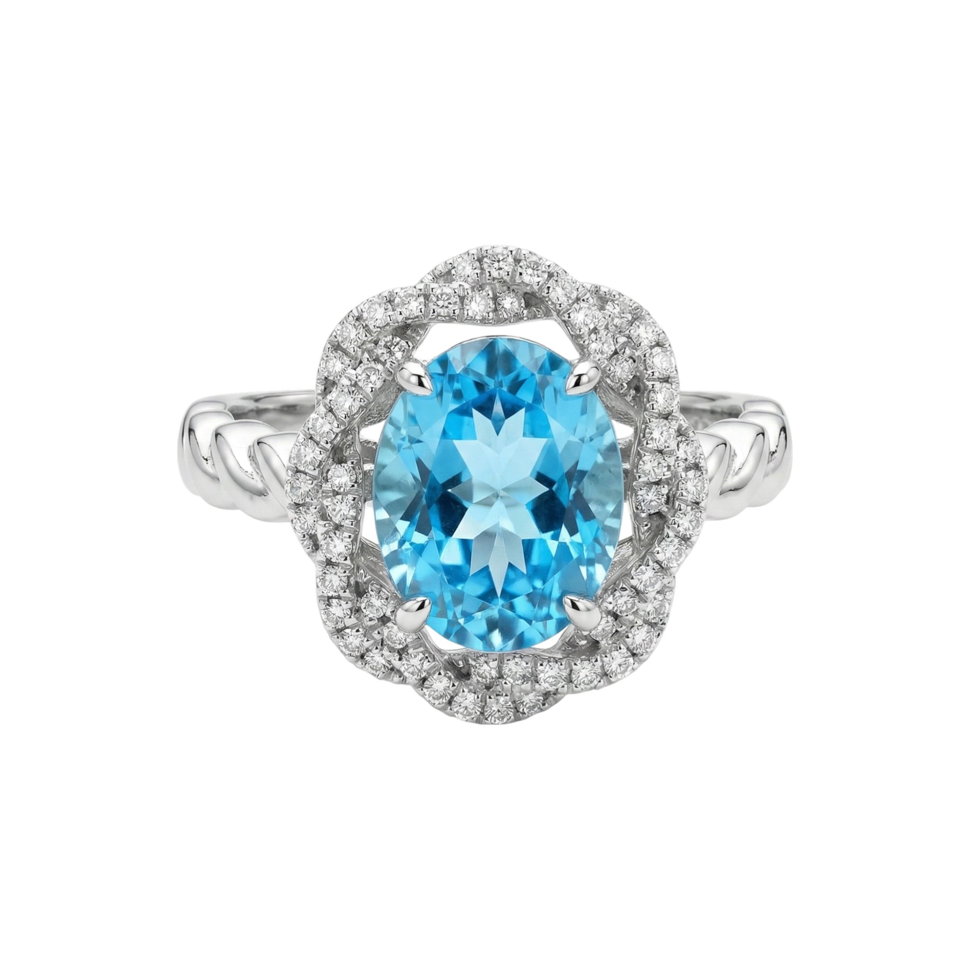 Silver ring with a blue gemstone on a white background
