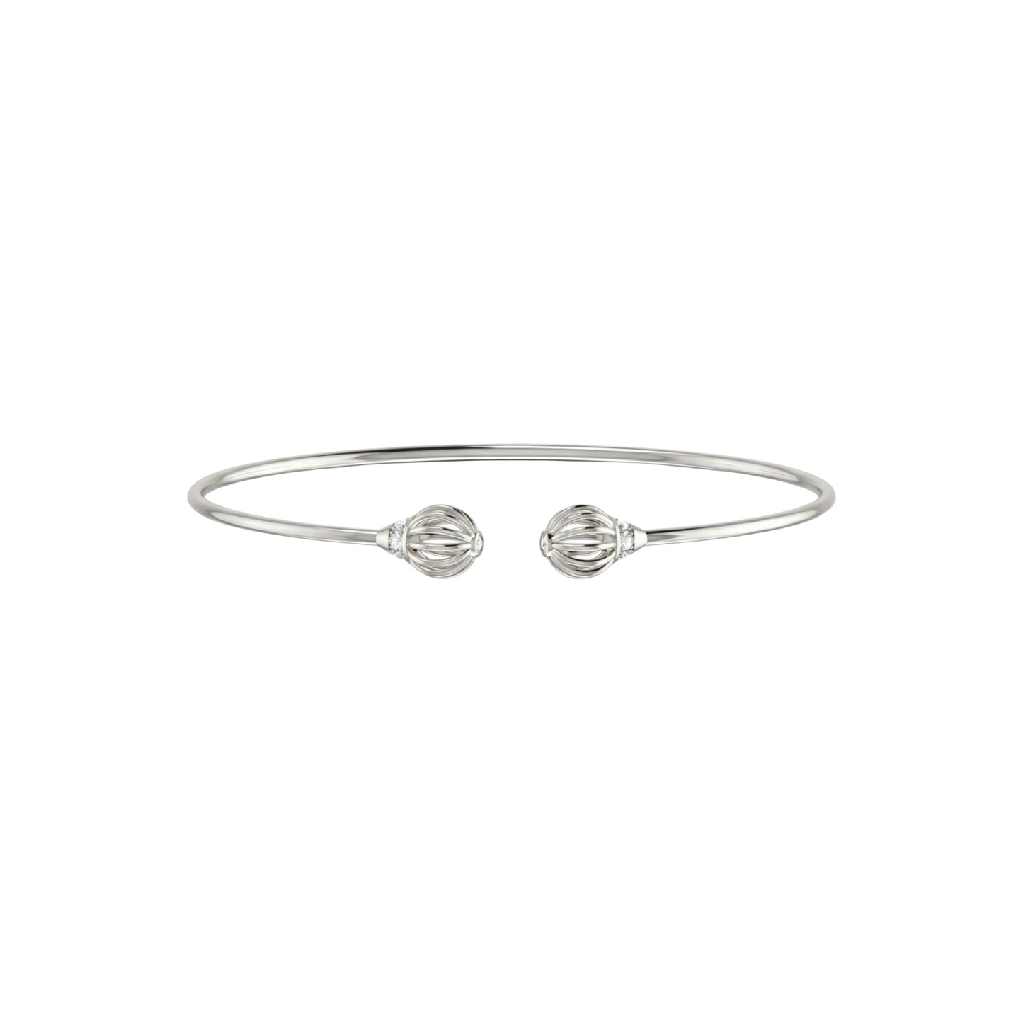 Silver bracelet with two decorative elements on a white background
