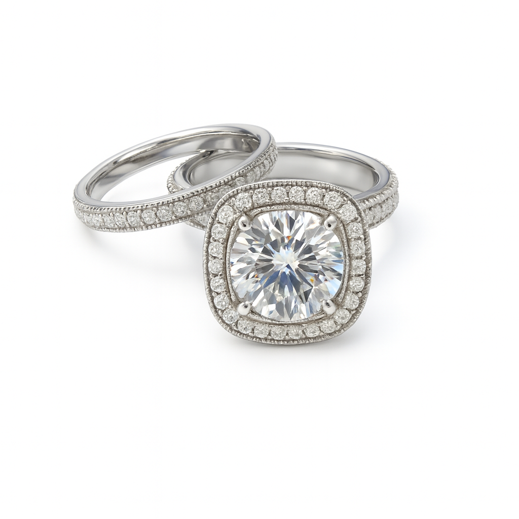 Diamond ring with a white gold band on a white background