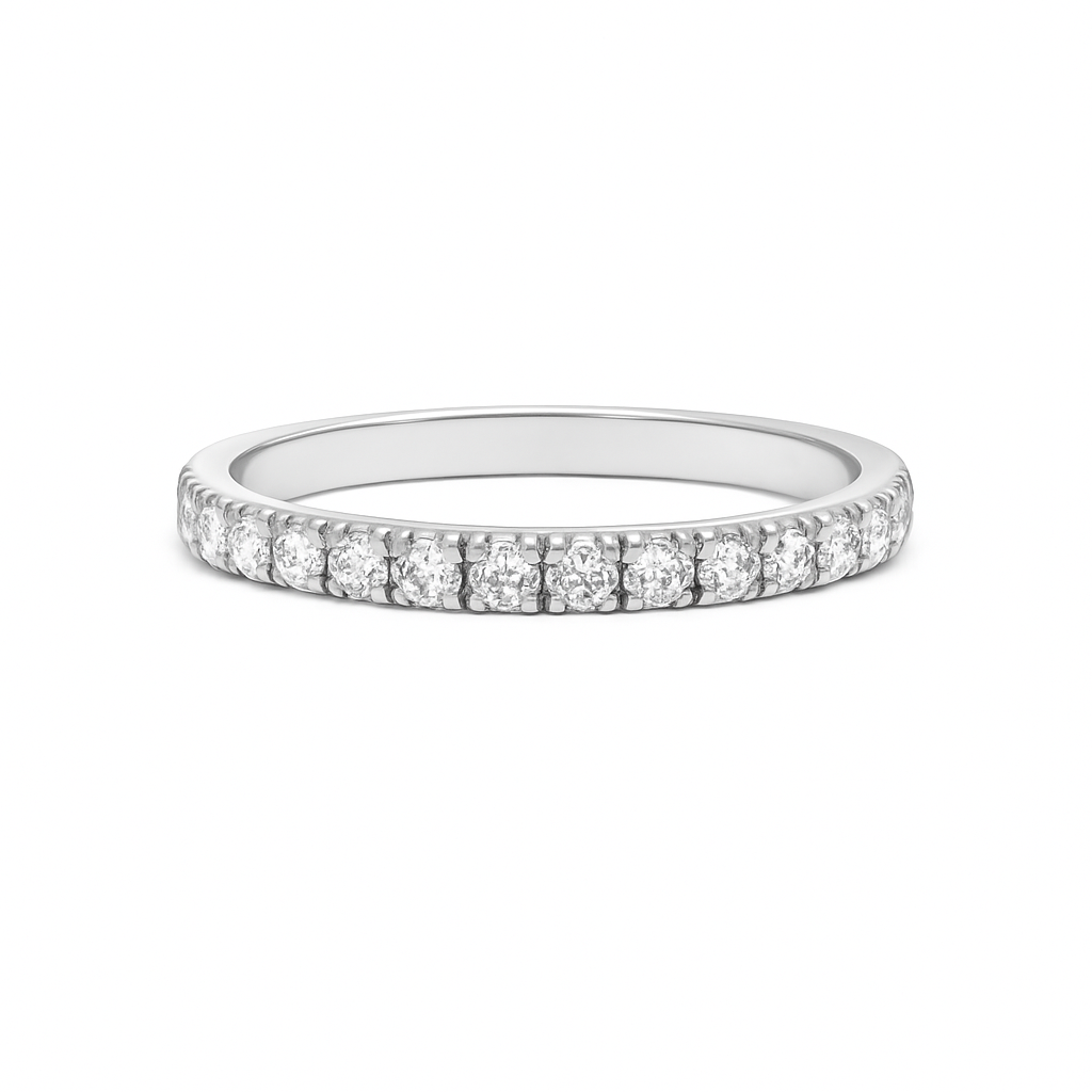 Silver ring with small diamonds on a white background