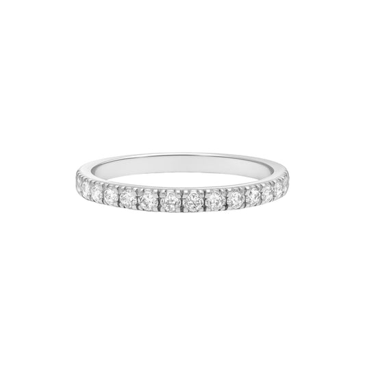 Silver ring with small diamonds on a white background
