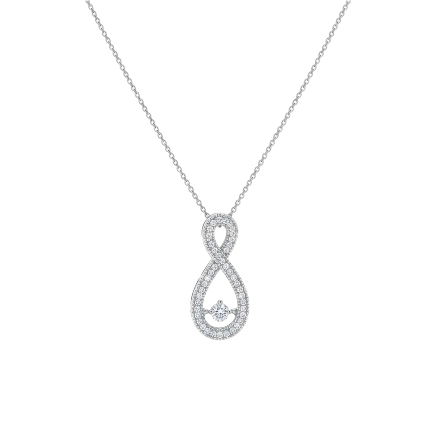 Silver infinity pendant necklace on a white background