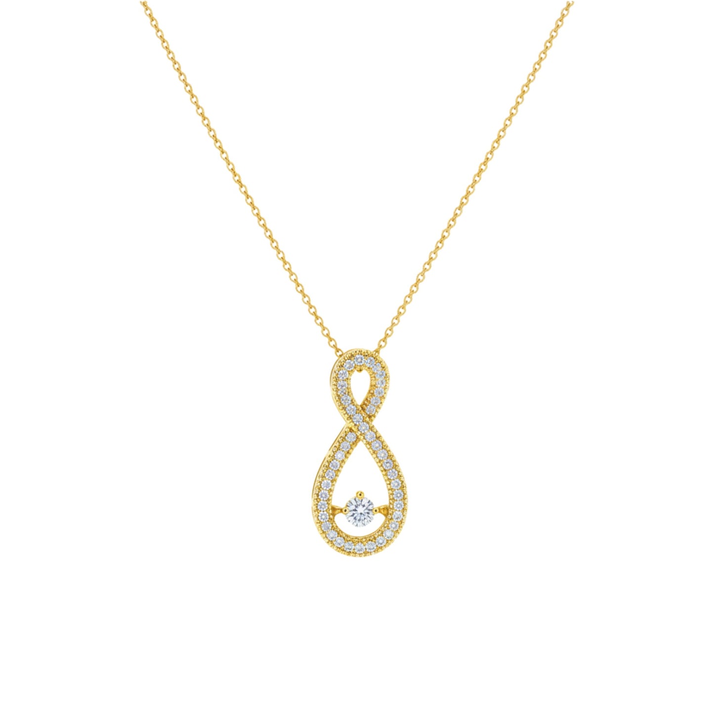 Gold infinity pendant necklace on a white background