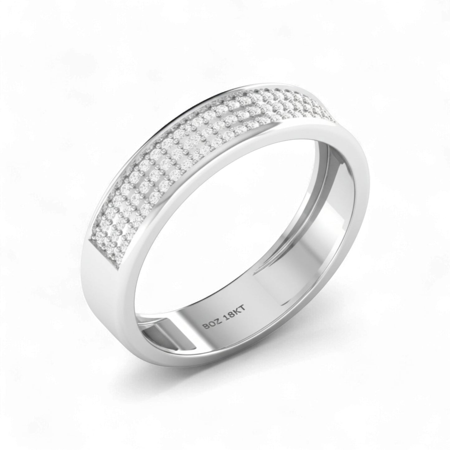 Silver ring with diamond accents on a white background