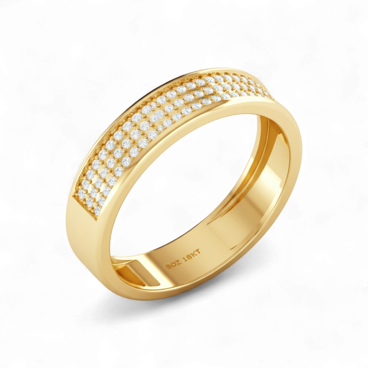 Gold ring with diamond accents on a white background
