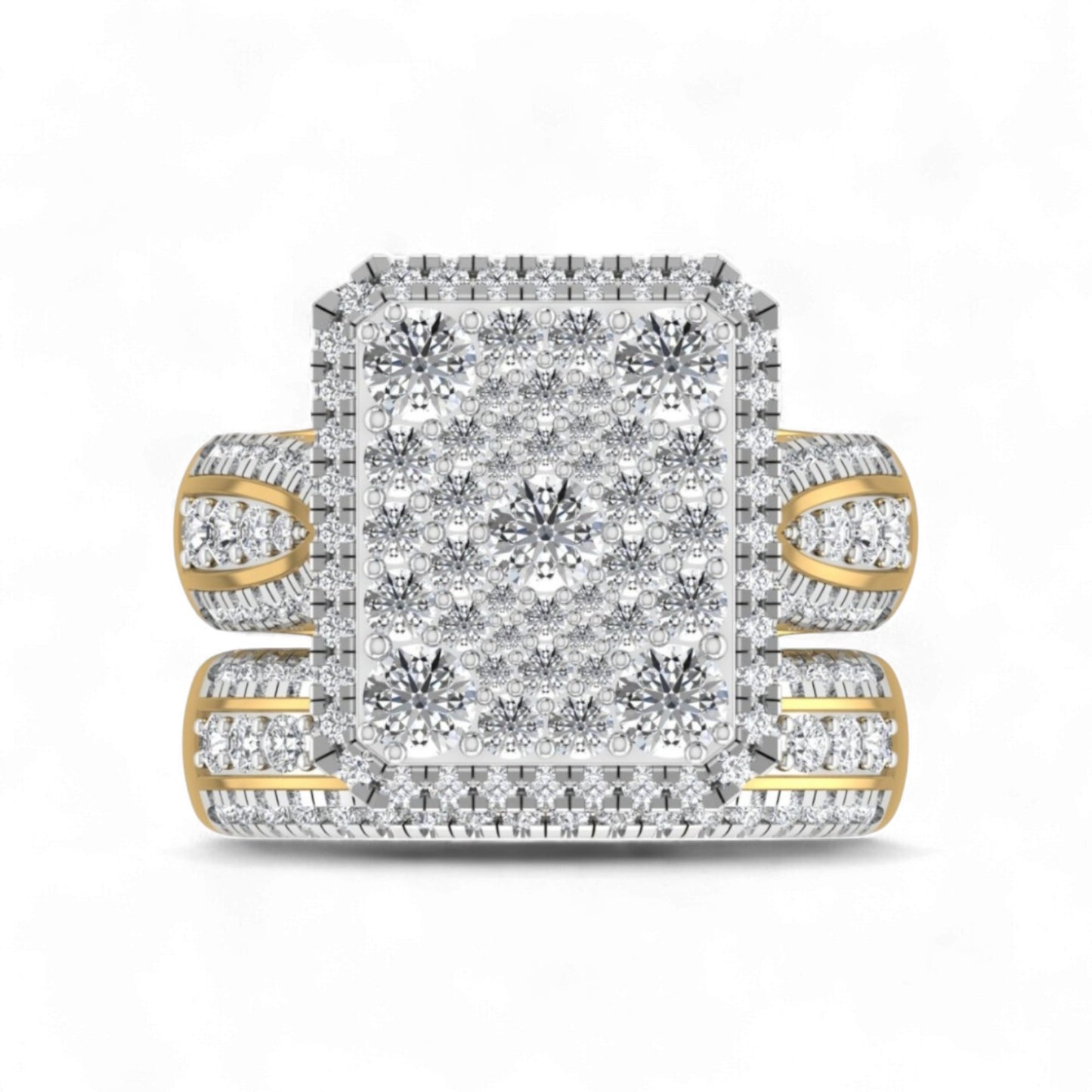 Diamond ring with gold and silver accents on a white background
