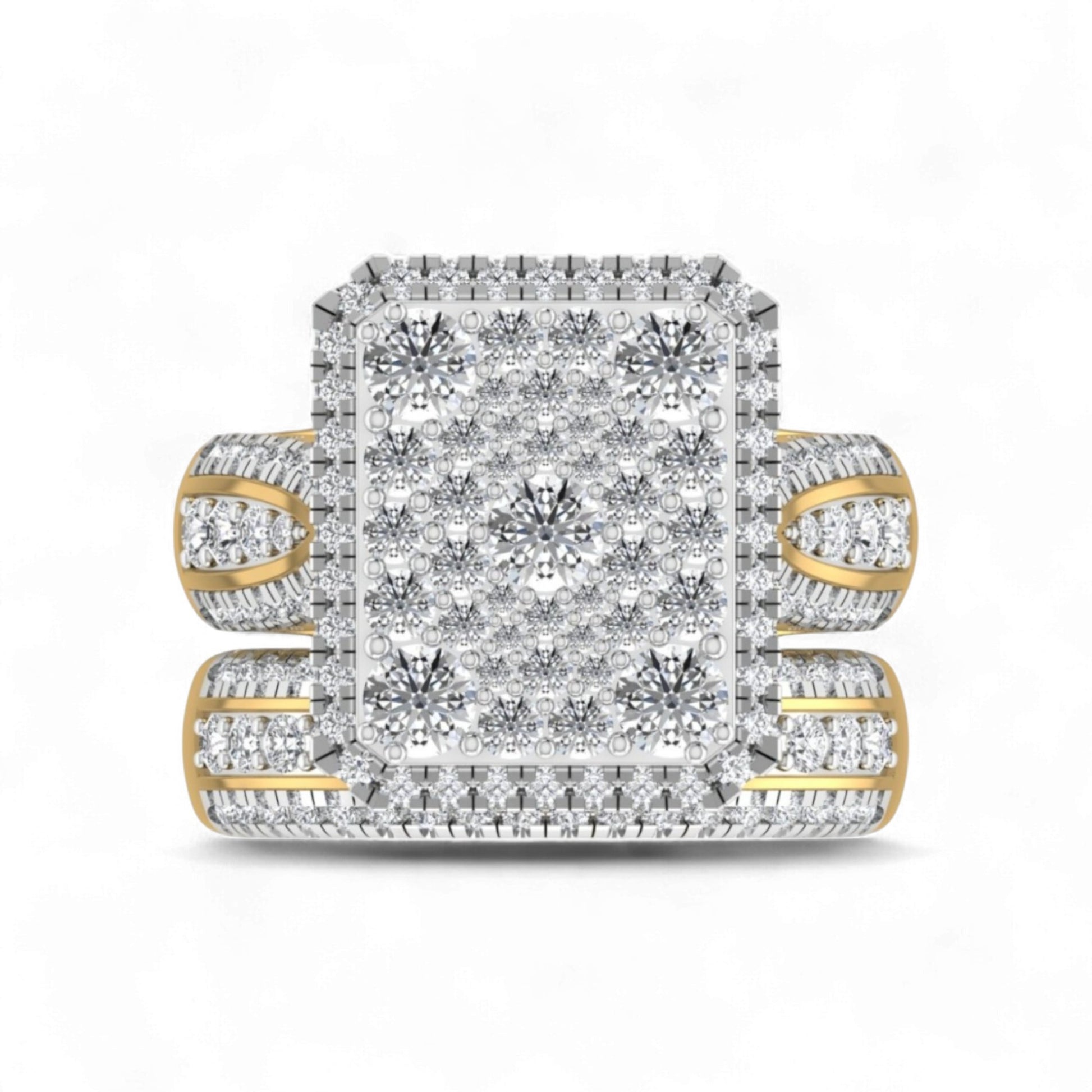 Diamond ring with gold and silver accents on a white background