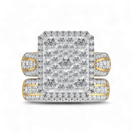 Diamond ring with gold and silver accents on a white background