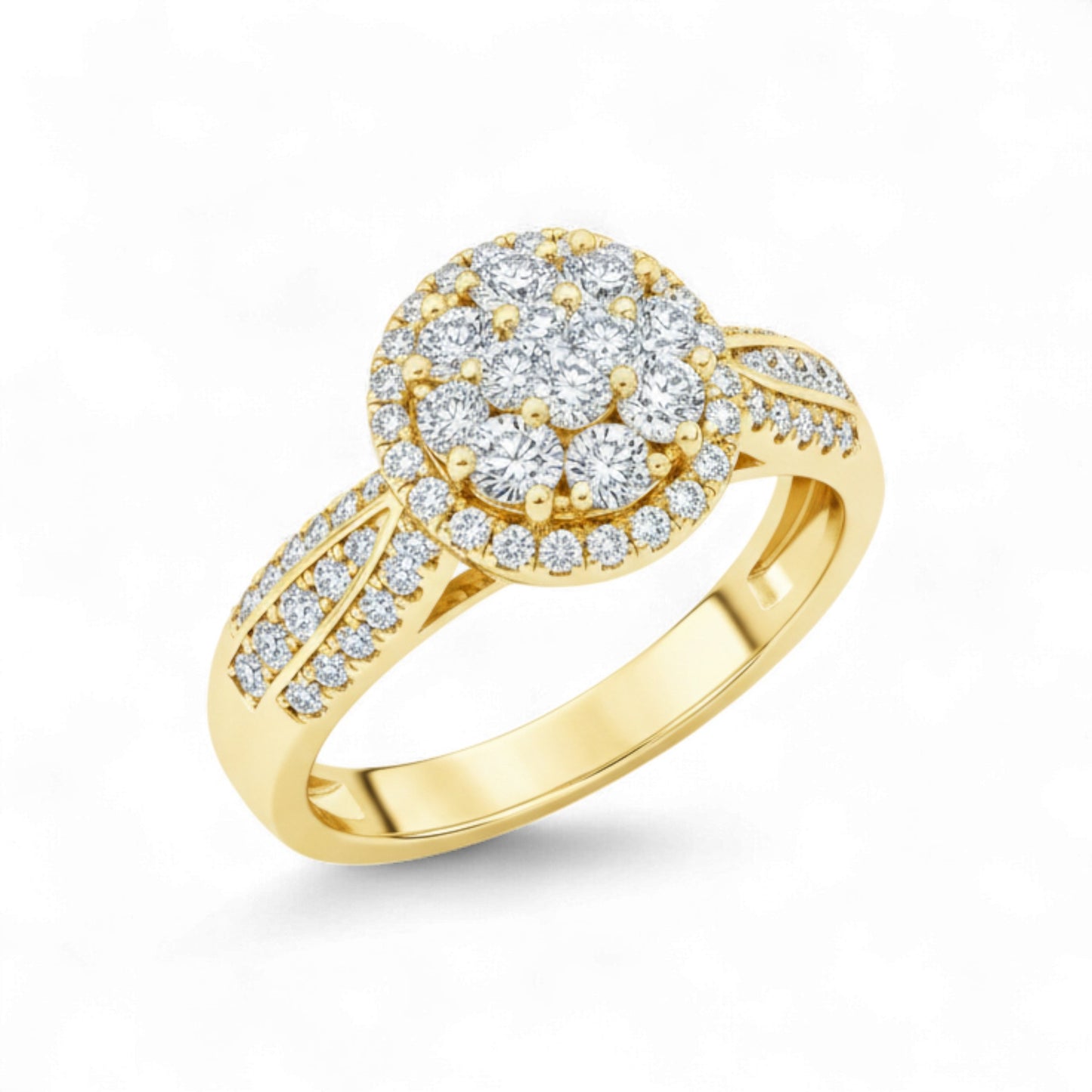 Gold ring with diamond accents on a white background
