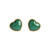 Heart-shaped green earrings with gold accents on a white background