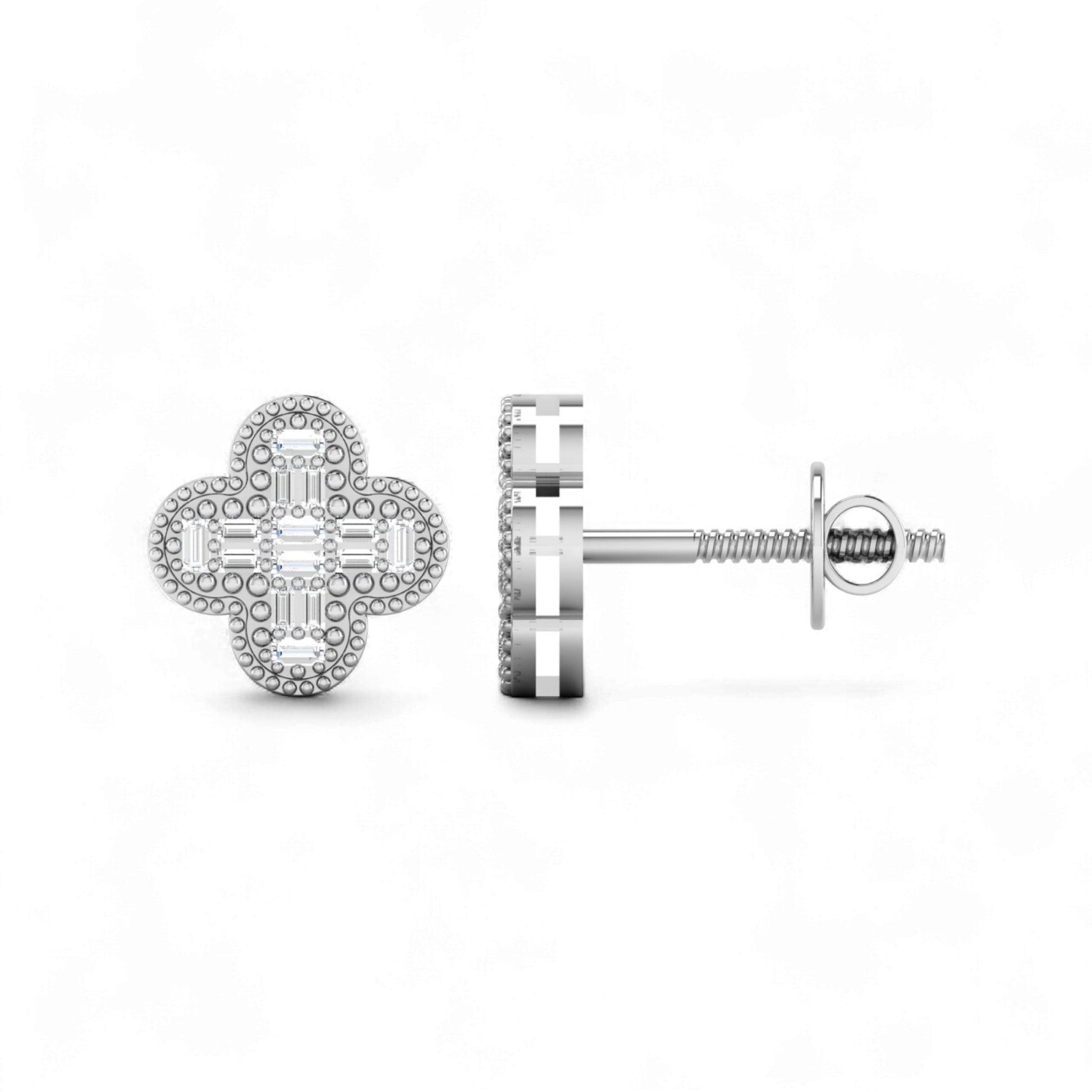 Silver earring with clover design on a white background