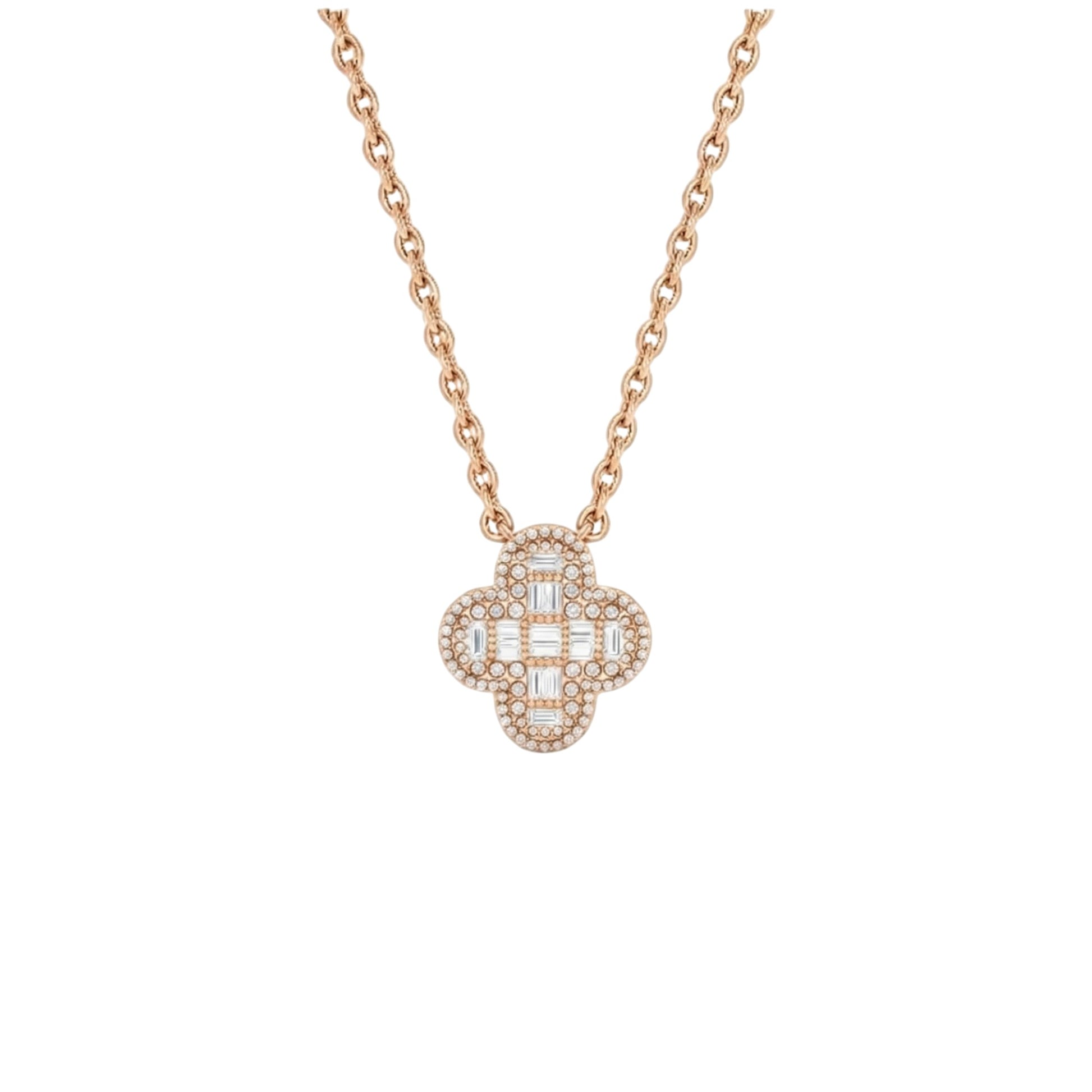 Rose gold necklace with a diamond pendant on a white background