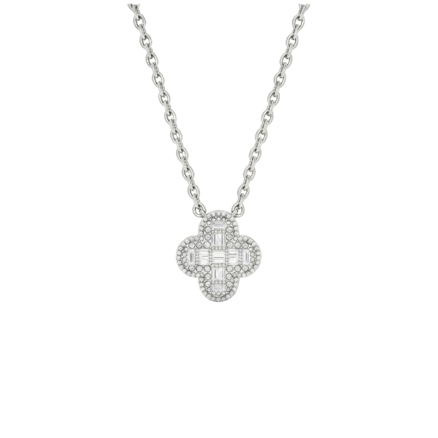 Silver necklace with a clover-shaped pendant on a white background
