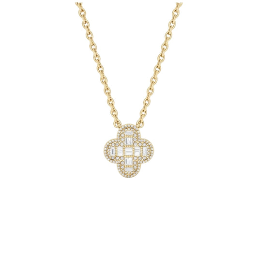 Gold necklace with a diamond pendant on a white background