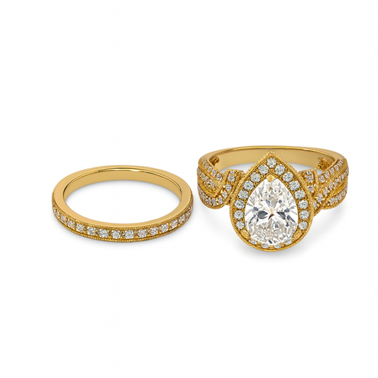 Two gold rings with diamond accents on a white background