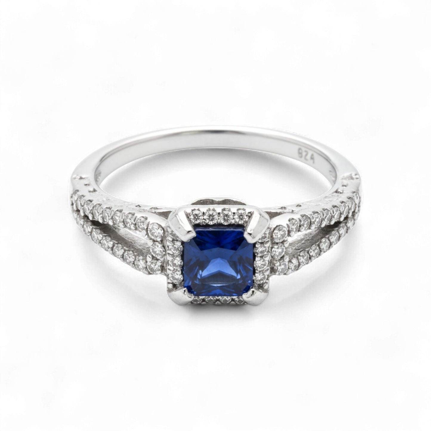 Blue Stone Cushion Cut  CZ Engagement ring in 925 Sterling Silver
