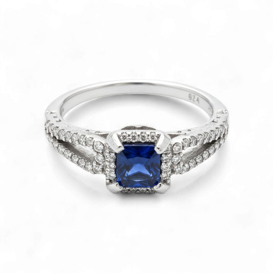 Blue Stone Cushion Cut  CZ Engagement ring in 925 Sterling Silver