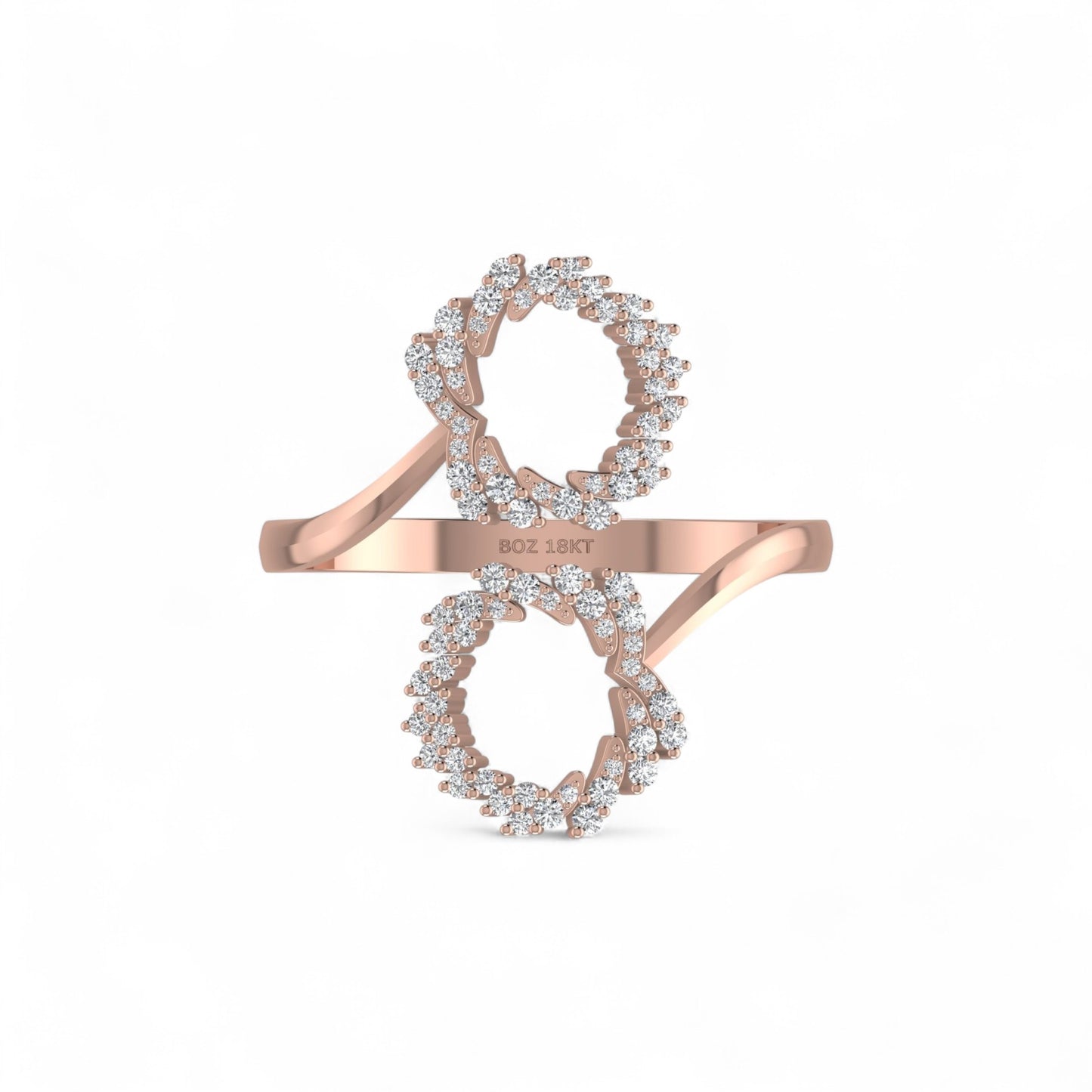 Rose gold ring with diamond accents on a white background