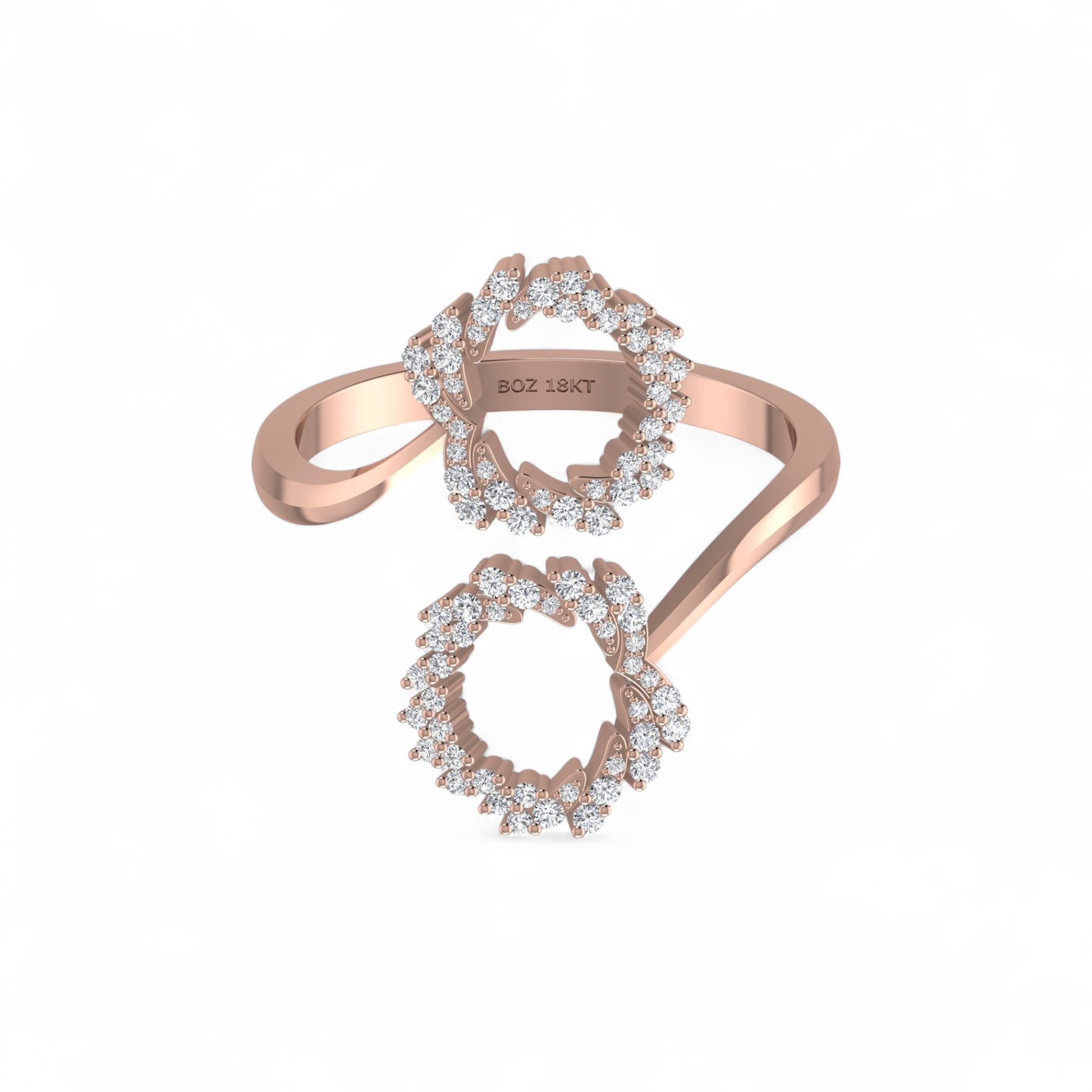 Rose gold ring with diamond accents on a white background