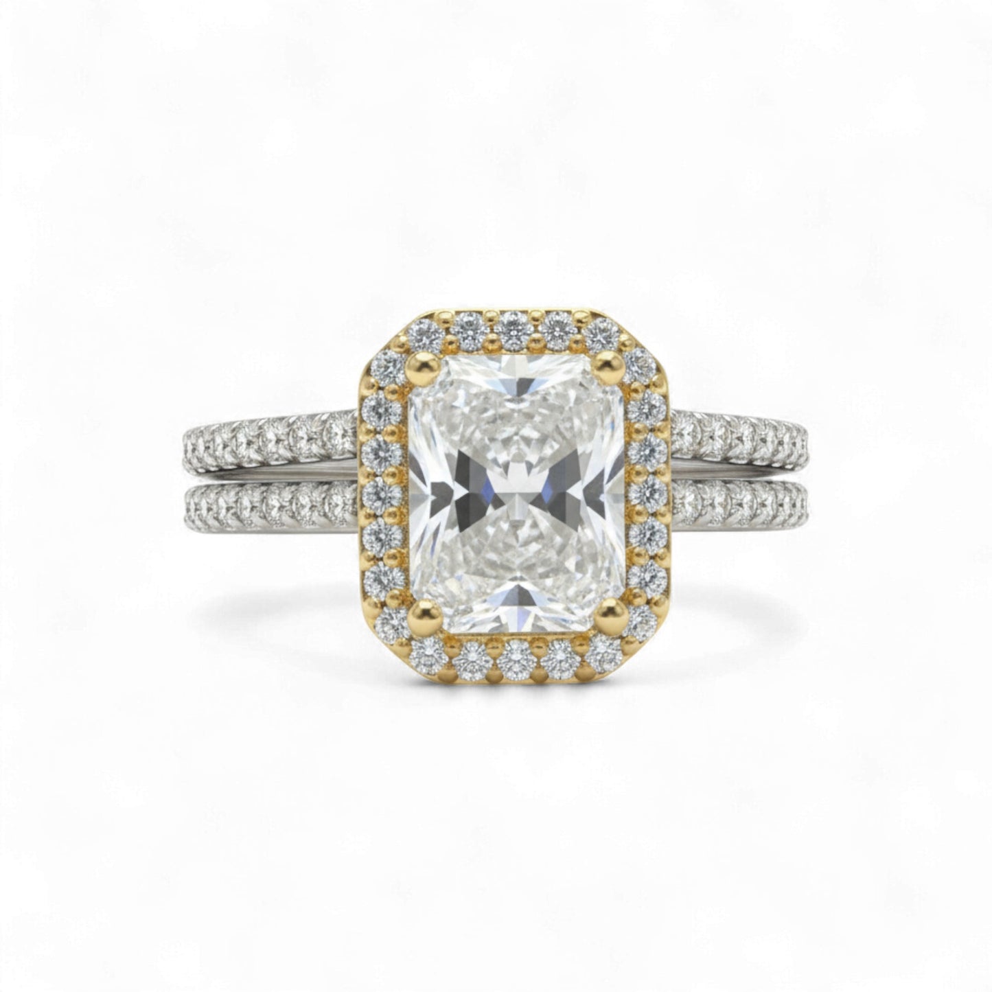 Diamond ring with gold and silver band on a white background