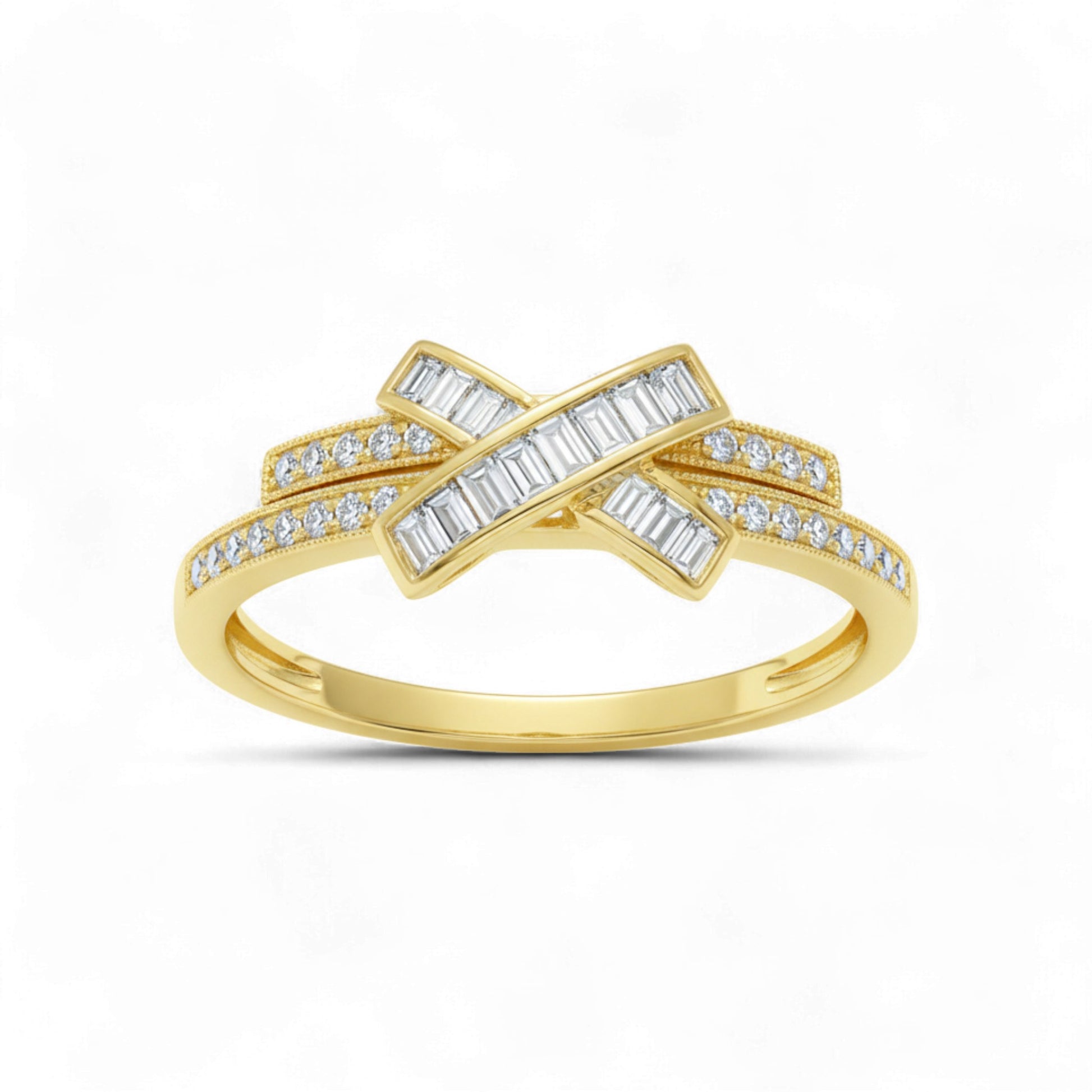 Gold ring with diamond accents on a white background