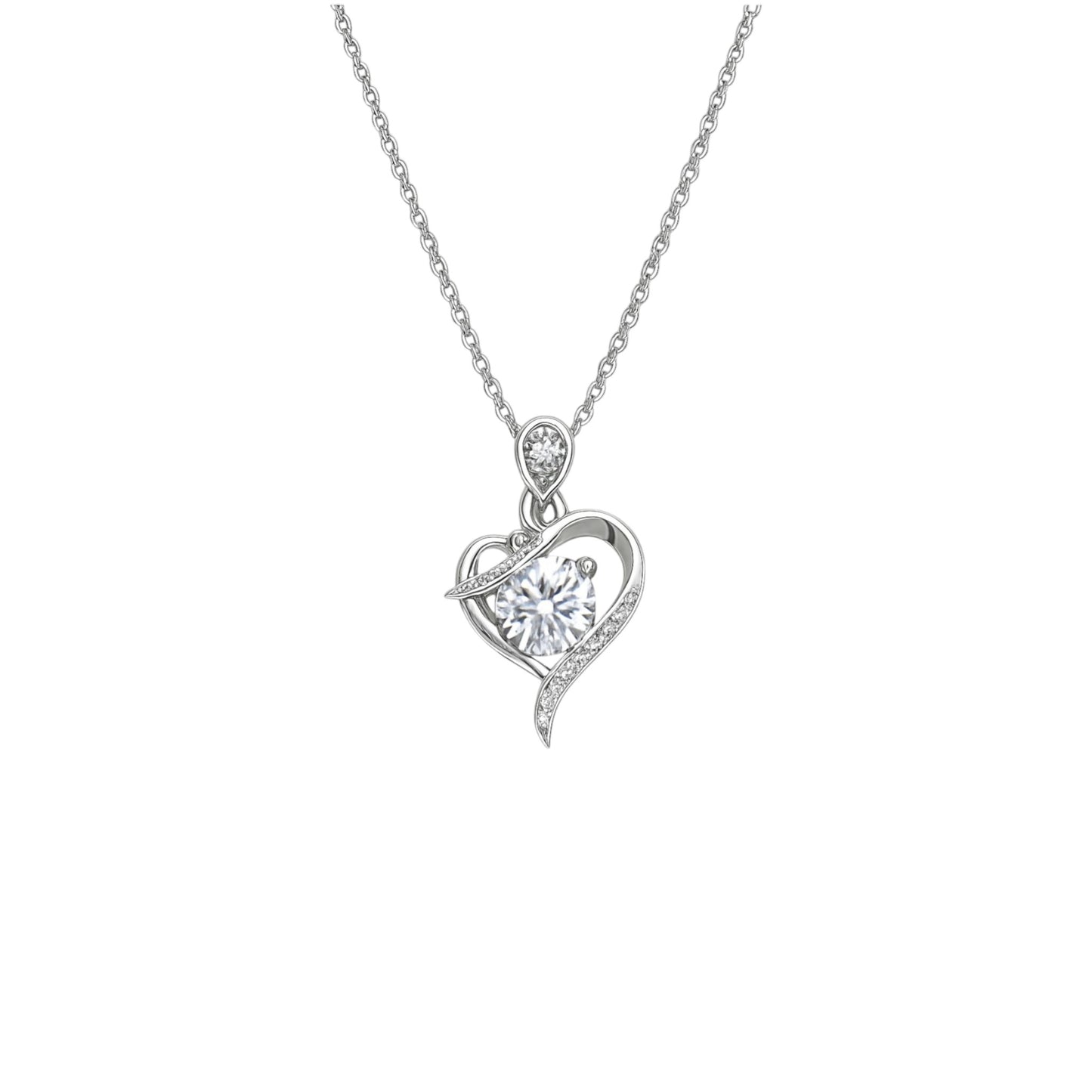 Silver heart-shaped pendant necklace on a white background