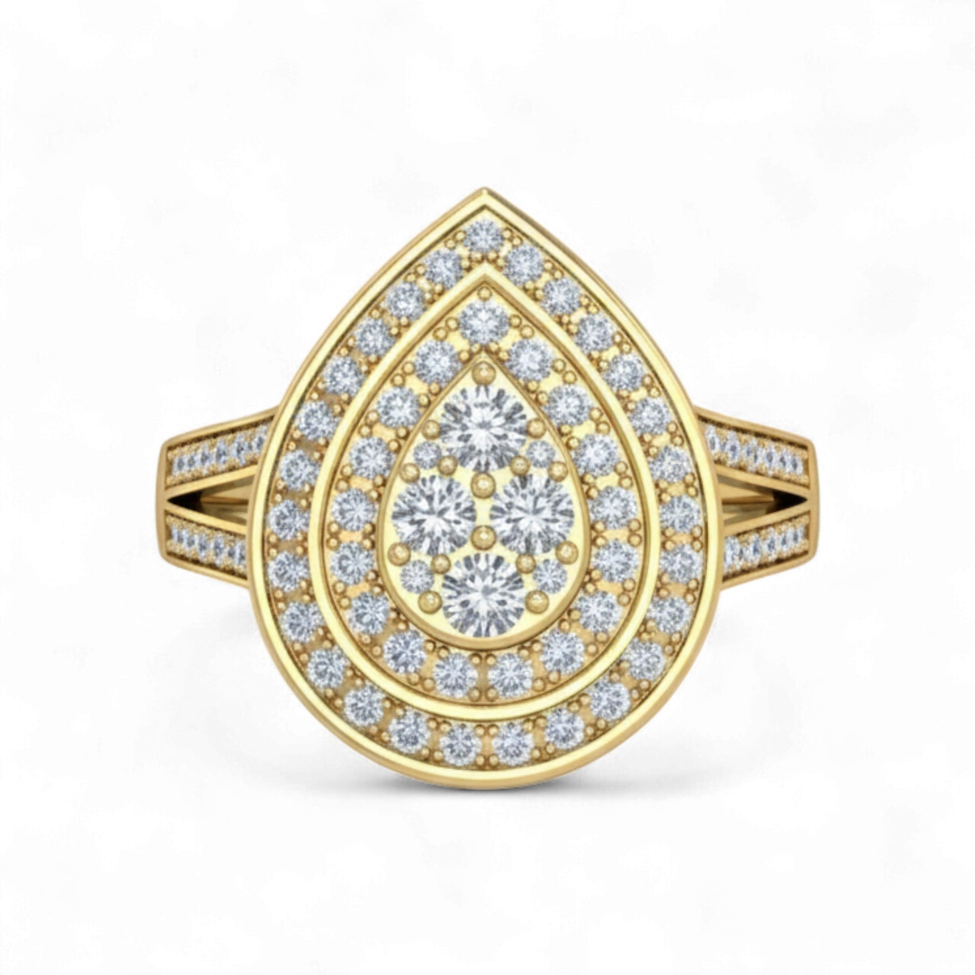 Gold ring with a teardrop-shaped diamond design on a white background