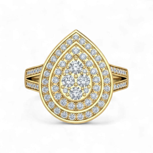 Gold ring with a teardrop-shaped diamond design on a white background