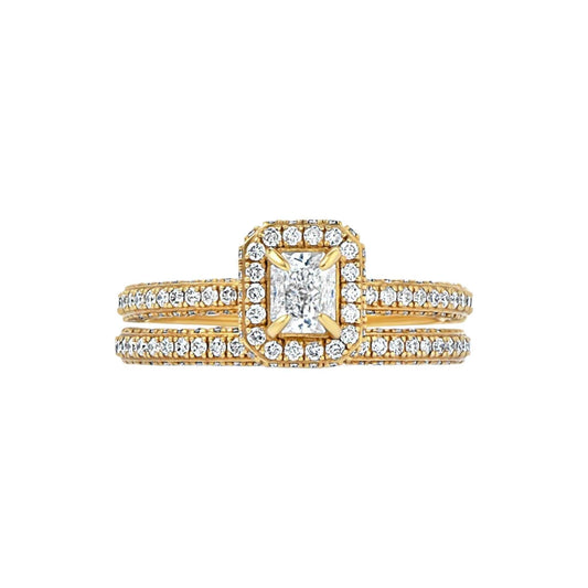 Elise Radiant Cut Diamond bride set in 18KT gold with pavé diamonds and GIA certified stones