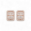 Rose gold earrings with emerald-cut gemstones and diamond accents on a white background
