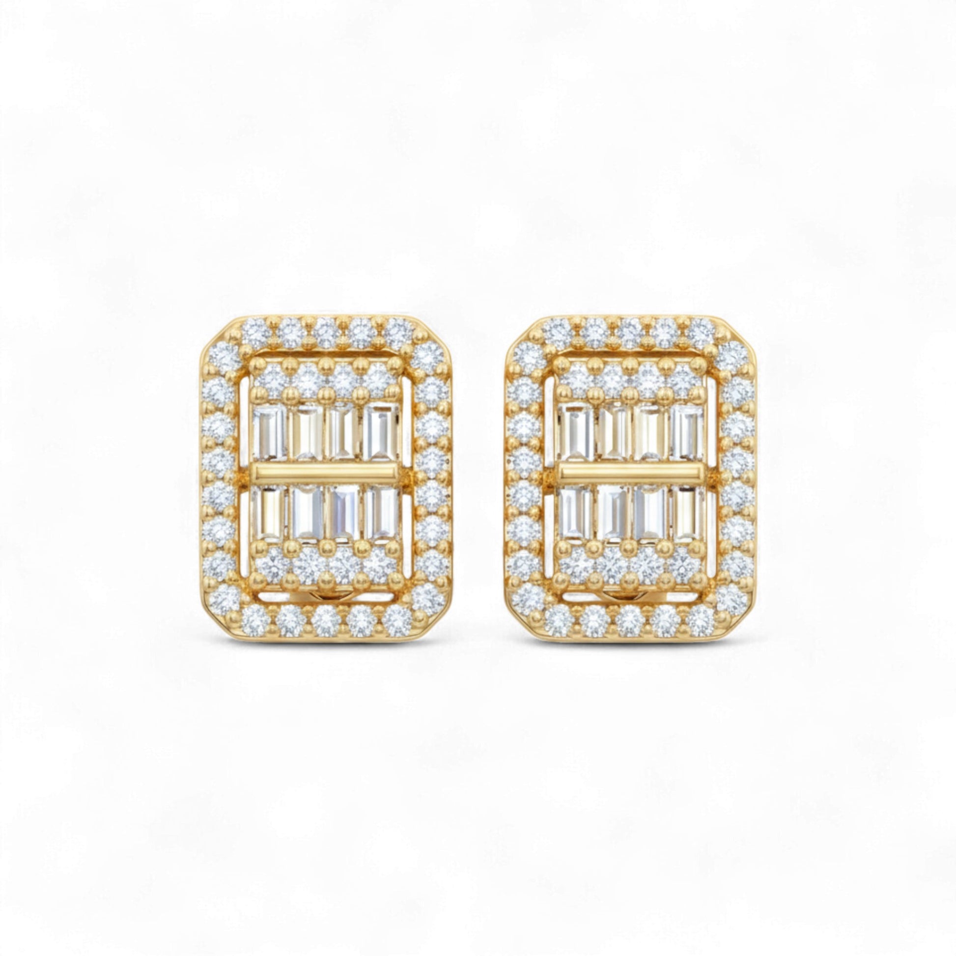 Gold earrings with rectangular gemstones on a white background