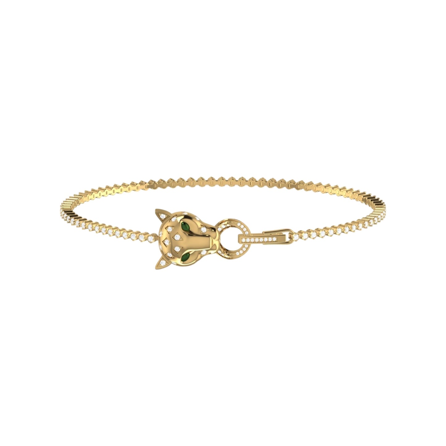 Gold bracelet with a cat-shaped clasp on a white background