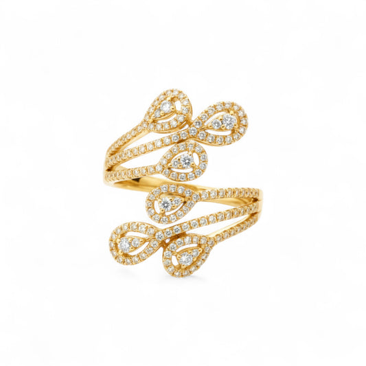 Gold ring with diamond accents on a white background