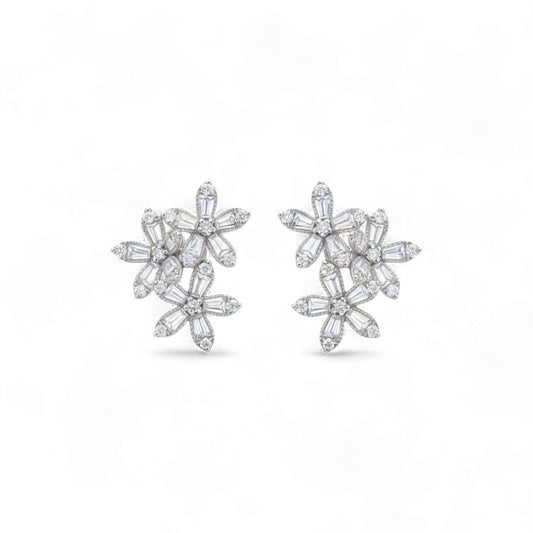 Pair of diamond flower earrings on a white background
